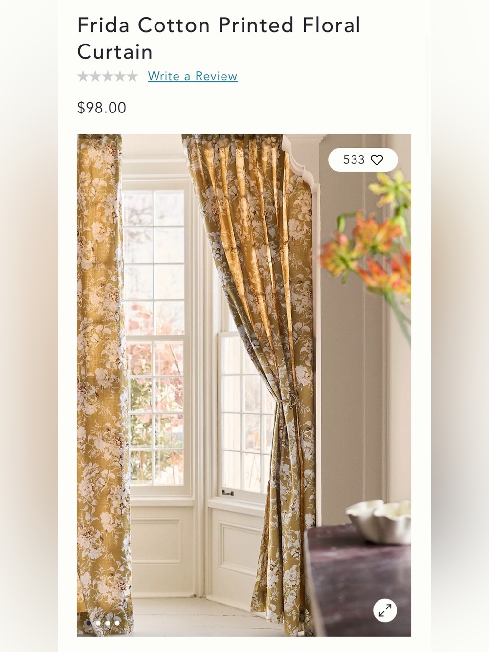 Anthropologie Frida Gold Curtain Panel Cotton Lined Light Filtering 96x50 Floral